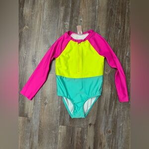 Cat & Jack Neon Colorblock Long-Sleeve One-Piece Swimsuit - Pink/Yellow/Teal
